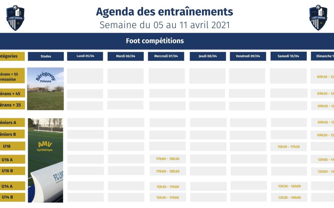 Le planning des entraînements de la semaine