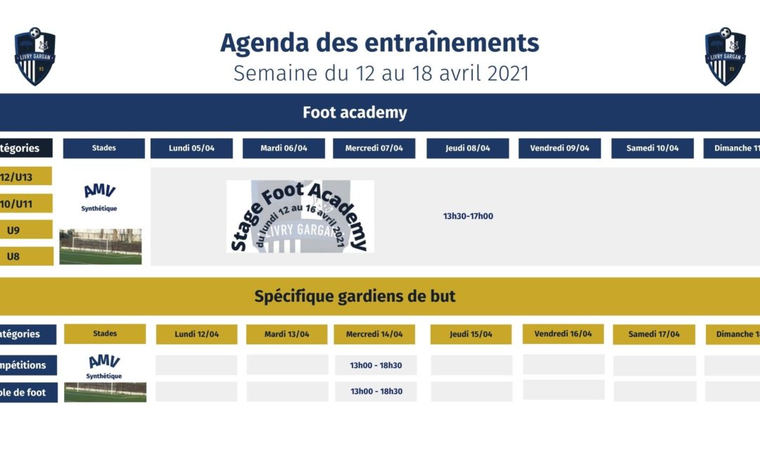 Le planning des entraînements de la semaine